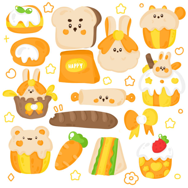 无缝模式的食物和饮料纸杯蛋糕三明治与橙色调。图片下载