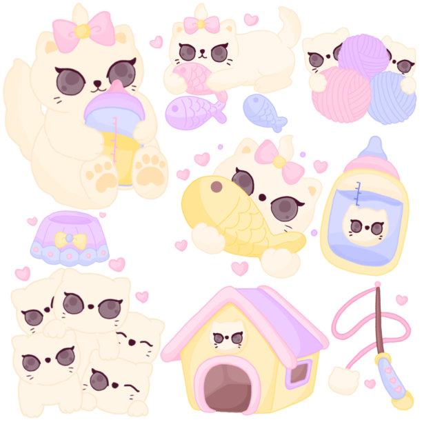 毛茸茸的奶油小猫，玩具和房子。图片下载