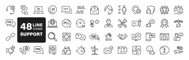 客户服务和支持的网页图标在线条风格。支持和帮助图标的网页和移动应用程序。在线协助，电子邮件，客户服务，联系，帮助，帮助台，反馈，24小时图片下载