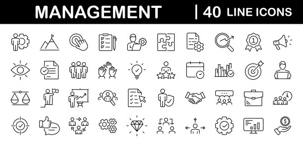 业务管理一套网络图标的线条风格。网络和移动应用程序的管理图标。媒体，团队合作，愿景，使命，业务，规划，战略，营销。矢量图图片下载
