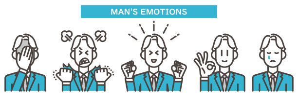 年轻的男性商人以各种姿势和表情表达各种情绪[矢量插图]。图片下载