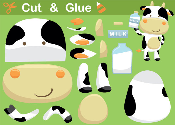 滑稽的牛卡通站在瓶子牛奶。儿童教育用纸游戏。切割和粘合图片下载