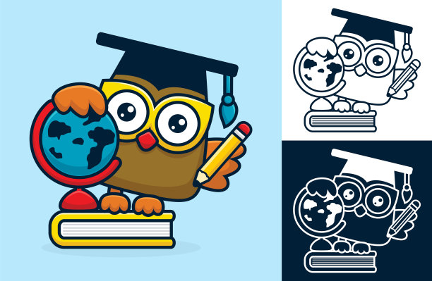 回到学校的概念，有趣的猫头鹰站在书与地球地球仪和铅笔。平面图标风格矢量卡通插图图片下载