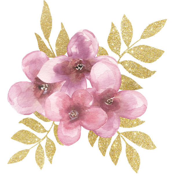 金色的叶子和粉红色的花束，手绘构图，设计图片下载