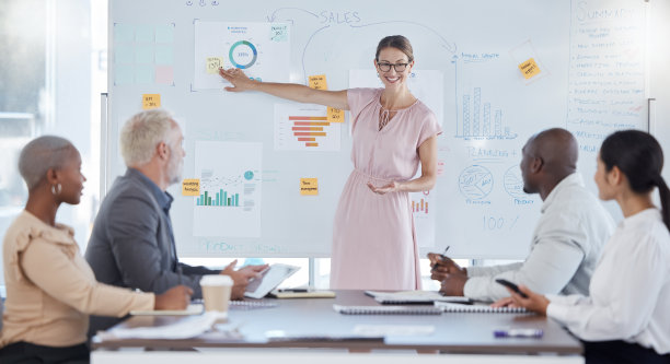 商务女性，演讲者或办公室培训，在信息图表纸，图表文件或白板图表的全球演示。经理，首席执行官或领导启动研讨会的团队多样性会议图片下载
