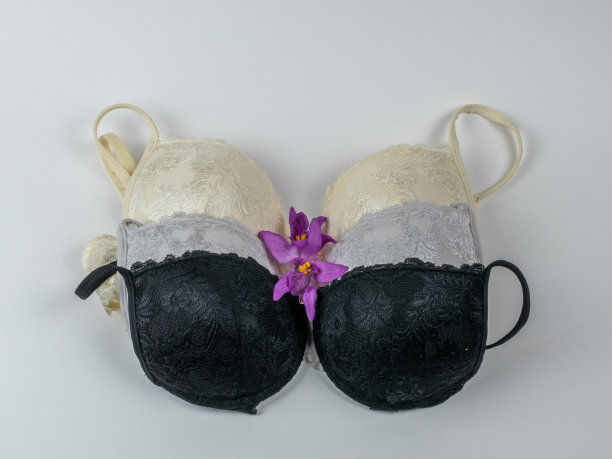 一套不同的经典女性胸罩在一个浅背景特写。内衣美观、舒适、时尚。女性内衣创意美概念图片下载
