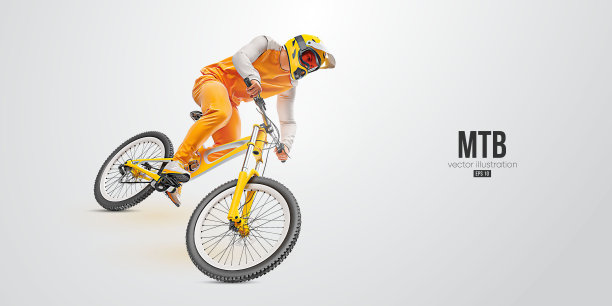 一个mtb骑手的现实剪影，男人正在做一个把戏，孤立在白色背景上。山地自行车运动交通工具。矢量图图片下载