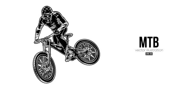 一个mtb骑手的抽象剪影，男人正在做一个戏法，孤立在白色背景上。山地自行车运动交通工具。矢量图图片下载