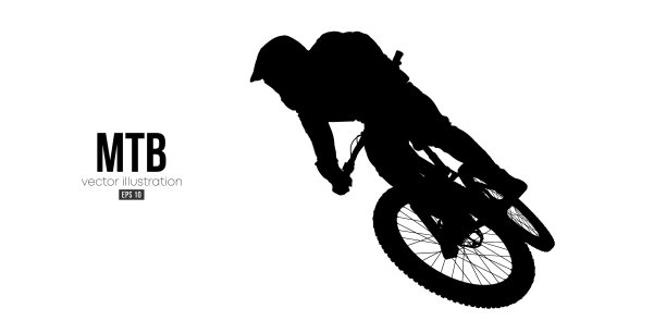 一个mtb骑手的抽象剪影，男人正在做一个戏法，孤立在白色背景上。山地自行车运动交通工具。矢量图图片下载