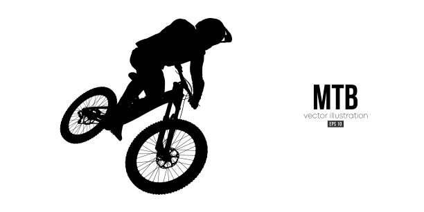 一个mtb骑手的抽象剪影，男人正在做一个戏法，孤立在白色背景上。山地自行车运动交通工具。矢量图图片下载