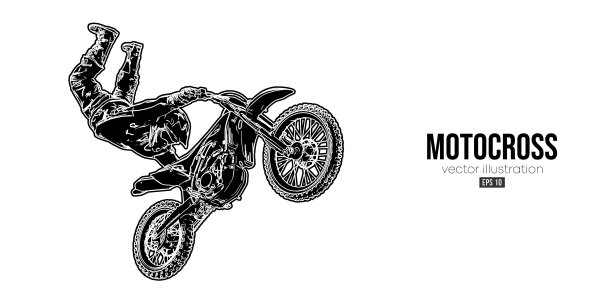 一个摩托车越野骑手的抽象剪影，男人正在做一个魔术，孤立在白色背景上。Enduro摩托车运动运输。矢量图图片下载