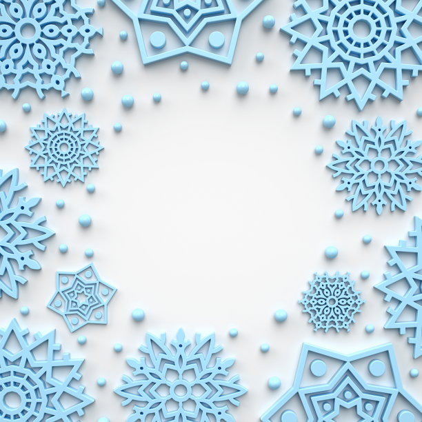 由蓝色雪花和球制成的冬季框架。圣诞节和新年。3d插图。图片下载