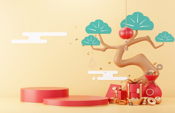 2023年兔年中国新年快乐。传统的展示产品的讲台。农历新年红色背景装饰与中国的纹理，黄金，硬币，和生肖。3 d渲染。图片下载