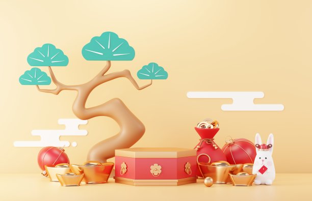 2023年兔年中国新年快乐。传统的展示产品的讲台。农历新年红色背景装饰与中国的纹理，黄金，硬币，和生肖。3 d渲染。图片下载