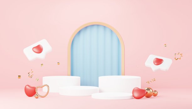 情人节快乐。最小的甜蜜爱情场景与展示平台模拟和产品品牌展示。粉色底座。可爱可爱的心形背景。爱天的设计风格。3 d渲染。图片下载