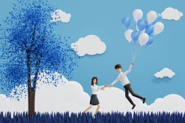 情侣恋气球，情人节庆祝，3D渲染人物。图片下载