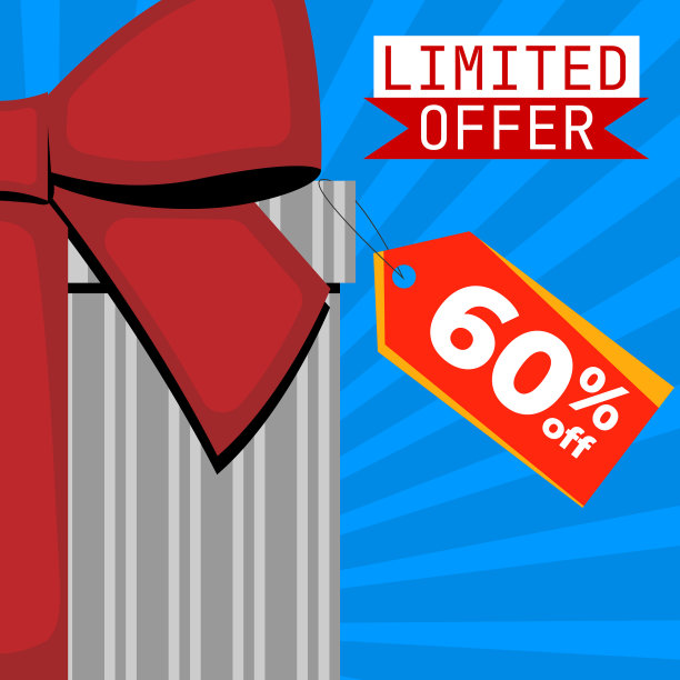 限量提供灰色礼盒红丝带与标签六折在蓝色背景图片下载