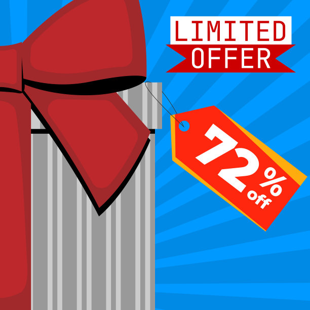 限量供应灰色礼盒红丝带与标签72折在蓝色背景图片下载