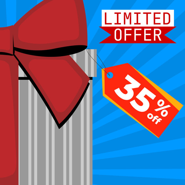 限量提供灰色礼盒与红丝带标签35折在蓝色背景图片下载