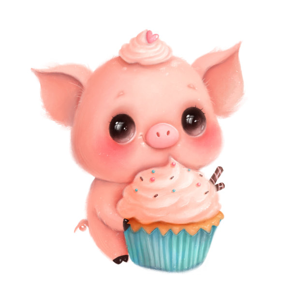 插图的可爱卡通猪与纸杯蛋糕。可爱的动物图片下载