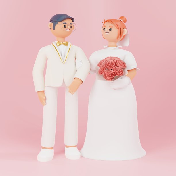 粉色背景上的新娘和新郎。图片下载