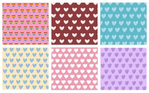 心形图案红色绿薄荷紫色蓝粉红色黄色矢量。图片下载