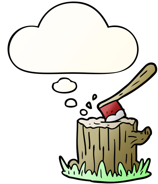 卡通斧头在树桩与思想泡沫在平滑梯度风格图片下载