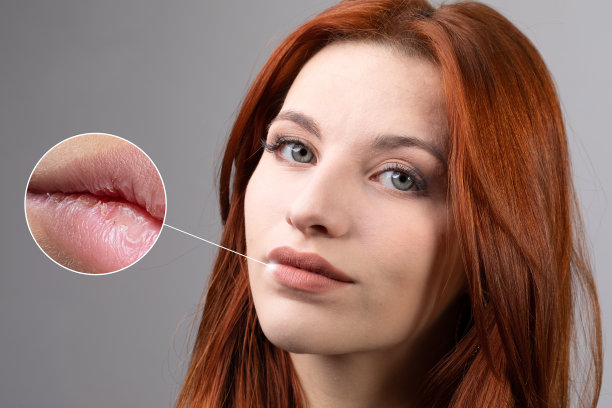 年轻的红发女孩，嘴唇干裂。皮肤干燥、脱皮的细节被放大图片下载