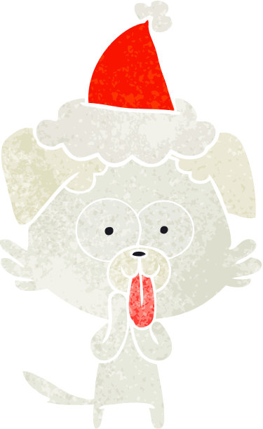 手绘的复古卡通狗伸出舌头戴着圣诞老人的帽子图片下载