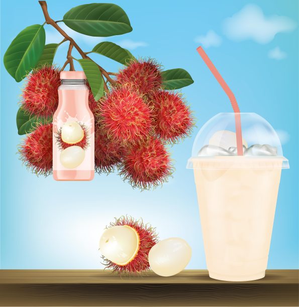 红毛丹装在塑料杯里，红毛丹的树枝，红毛丹和一瓶红毛丹。图片下载