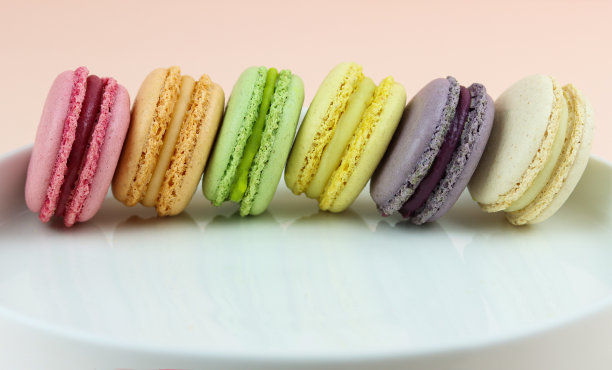 粉彩通心粉放在浅粉色背景的白色盘子里。关闭了。高关键食物摄影图片下载