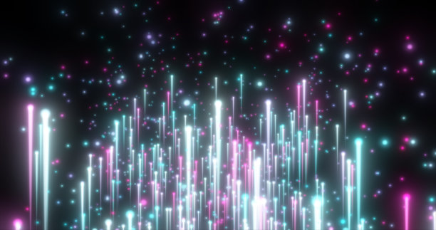 抽象蓝色飞行垂直发光的霓虹灯线的能量陨石和光的魔法能量点粒子上的黑色背景。抽象的背景图片下载