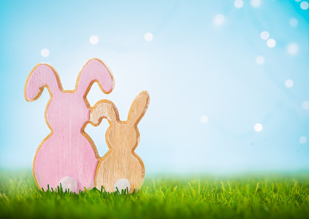 复活节背景，两只兔子背对着观众坐在空地上。图片下载
