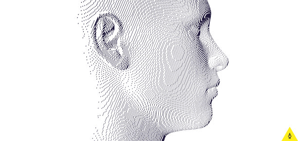 由立方体构造的抽象数字人头。极简设计的商业演示文稿，传单或海报。技术和机器人概念。体素的艺术。三维矢量插图。图片下载