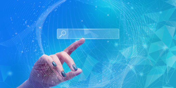 手指向抽象的蓝色波浪背景上的虚拟搜索栏。数据搜索技术，在线商务，搜索引擎优化图片下载