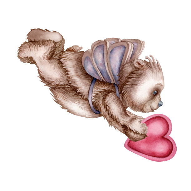 水彩手绘飞行泰迪熊-一个天使与粉红色的心情人节，生日，婚礼。图片下载