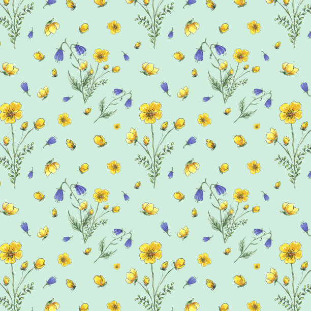 水彩无缝图案野花钟花，绿色背景洋甘菊，手绘植物风格，适合度假、婚礼设计。数码纸包装装饰包装，卡片，杯子图片下载