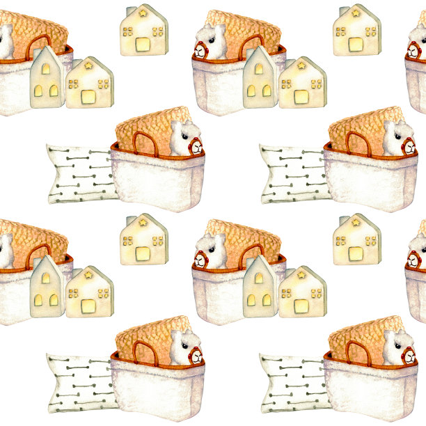 模式。柳条篮，陶瓷房子灯笼，枕头，玩具喇嘛。客厅内部水彩插图。剪纸艺术。白色背景上的家居装饰元素。图片下载