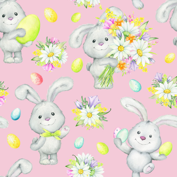 兔子，复活节彩蛋，洋甘菊，花。无缝模式。复活节的水彩画。图片下载