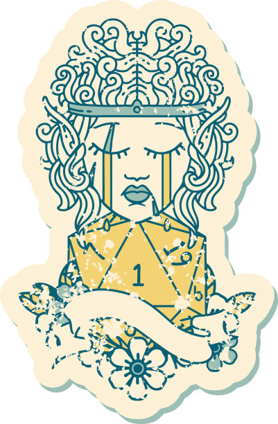 复古纹身风格悲伤的精灵野蛮人性格脸与自然一个D20卷图片下载