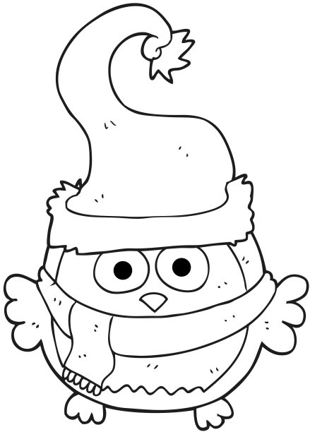 手绘黑白卡通猫头鹰戴圣诞帽图片下载