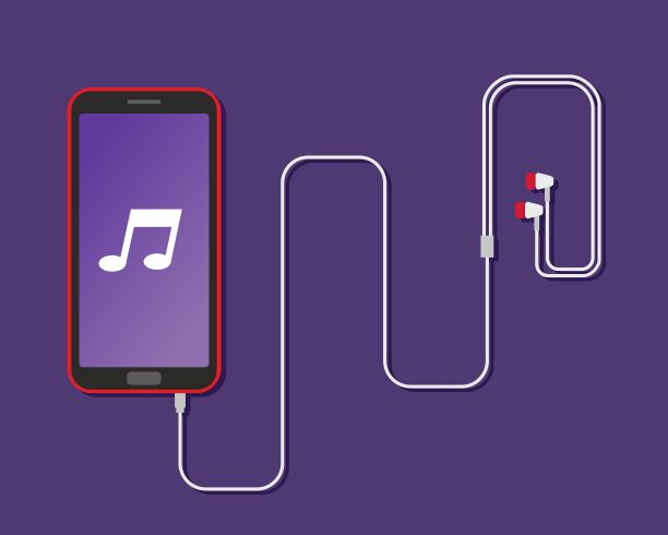 带耳机的手机。红色智能手机在紫色背景的插图。图片下载