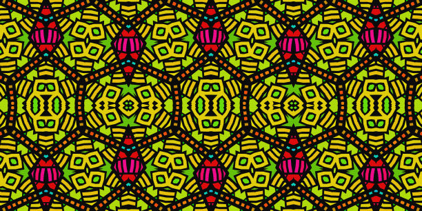 纹理无缝的非洲图案，护身符和项链，彩色图像，黄色，绿色，红色和粉红色的颜色，几何形状，图形设计，插图图片下载
