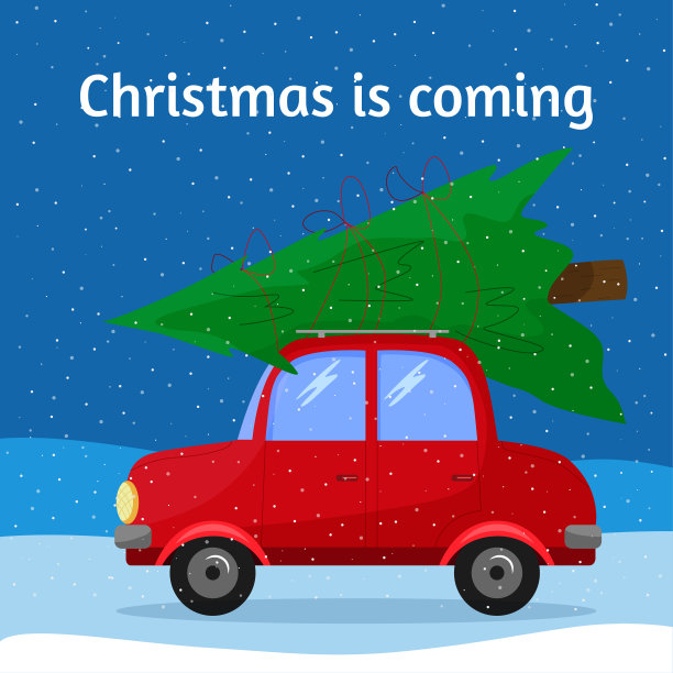 带有圣诞树的复古红色汽车。贺卡矢量插图。图片下载