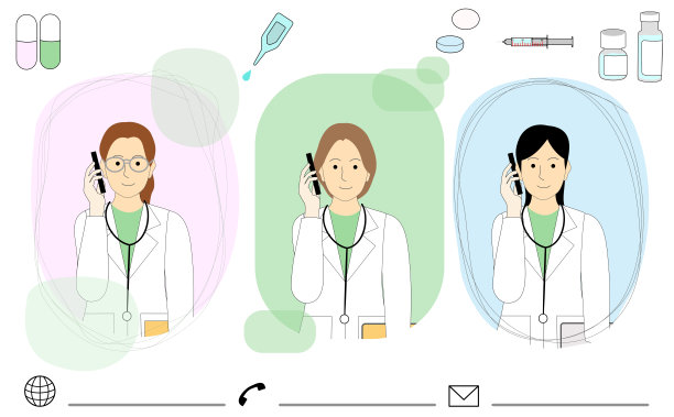一组女医生，兽医，拿着手机，白色背景的药物图标图片下载