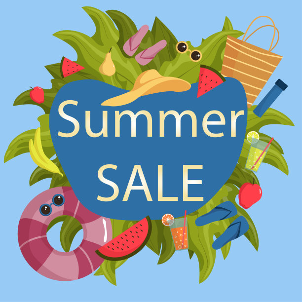 夏季大甩卖，旺季打折横幅广告。棕榈树，大海，海滩。平面风格的矢量插图图片下载