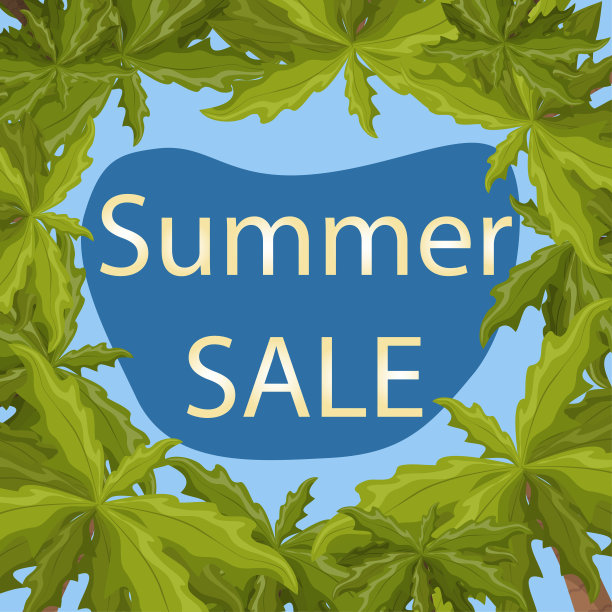 夏季大甩卖，旺季打折横幅广告。棕榈树，大海，海滩。平面风格的矢量插图图片下载