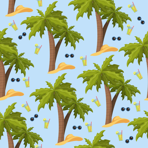 无缝图案夏季沙滩棕榈树棕榈树，太阳镜，柠檬水，草帽。矢量模式夏季时间图片下载
