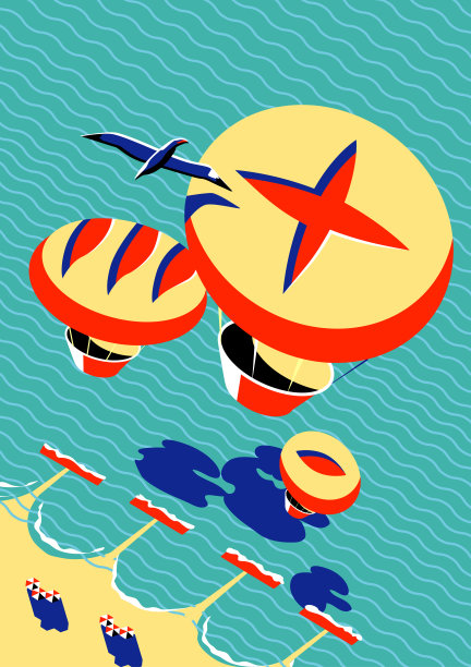 面包和快餐杯形状的飞艇飞过大海和海滩图片下载