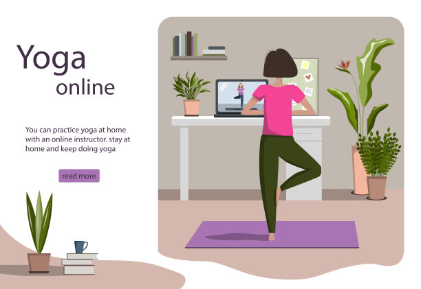瑜伽在线概念与年轻女子在家里做瑜伽练习与笔记本电脑上的在线课程。流媒体在线会议图片下载